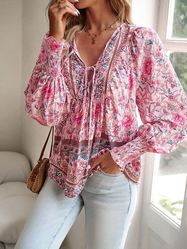 Women's Casual Boho V-neck Floral Blouse