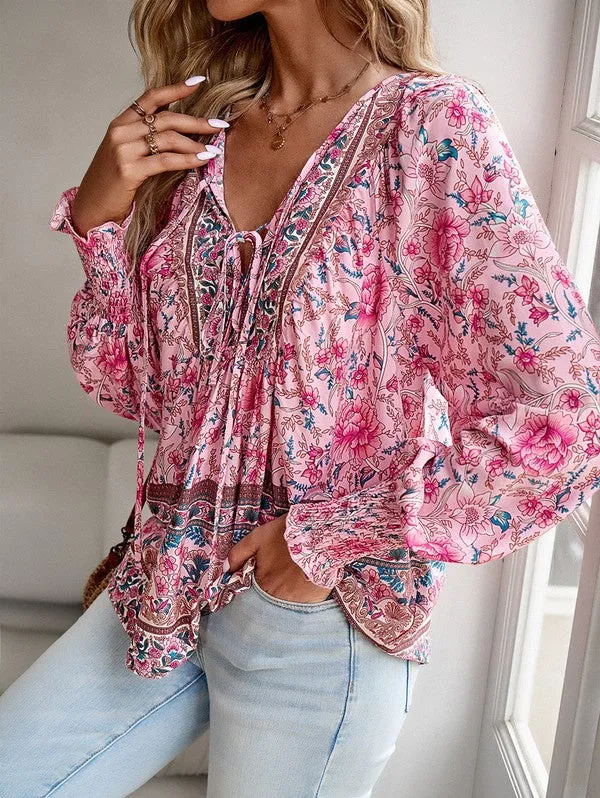 Women's Casual Boho V-neck Floral Blouse