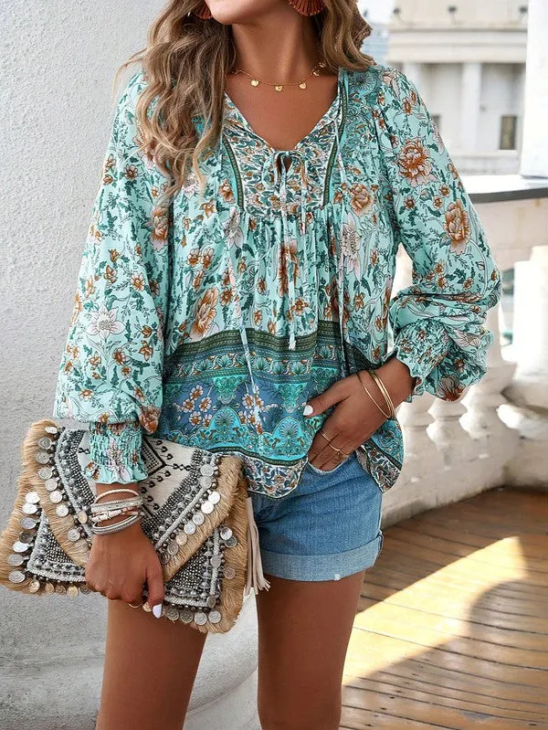 Women's Casual Boho V-neck Floral Blouse