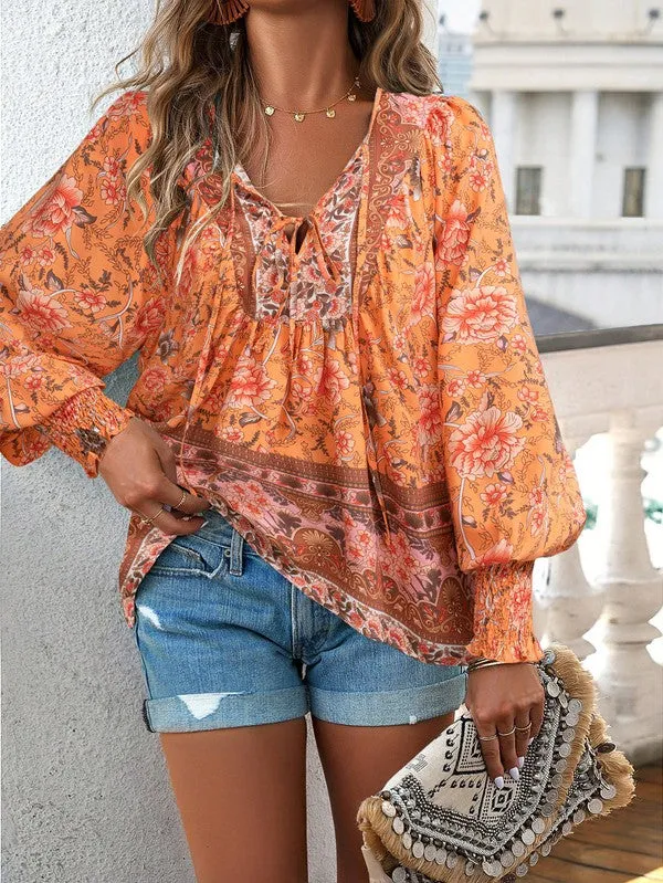 Women's Casual Boho V-neck Floral Blouse
