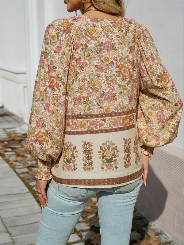 Women's Casual Boho V-neck Floral Blouse