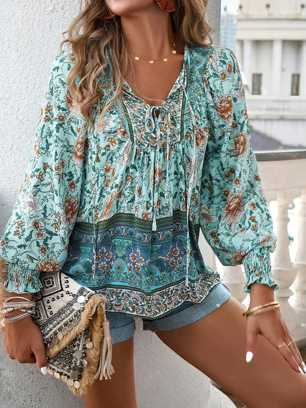 Women's Casual Boho V-neck Floral Blouse