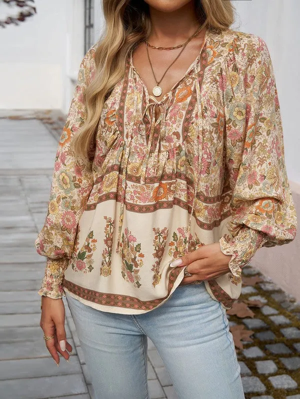 Women's Casual Boho V-neck Floral Blouse