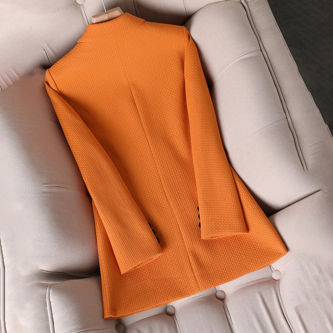 Women's Chic Orange Buttoned Pocket Blazer with Textured Fabric | For Everyday Wear