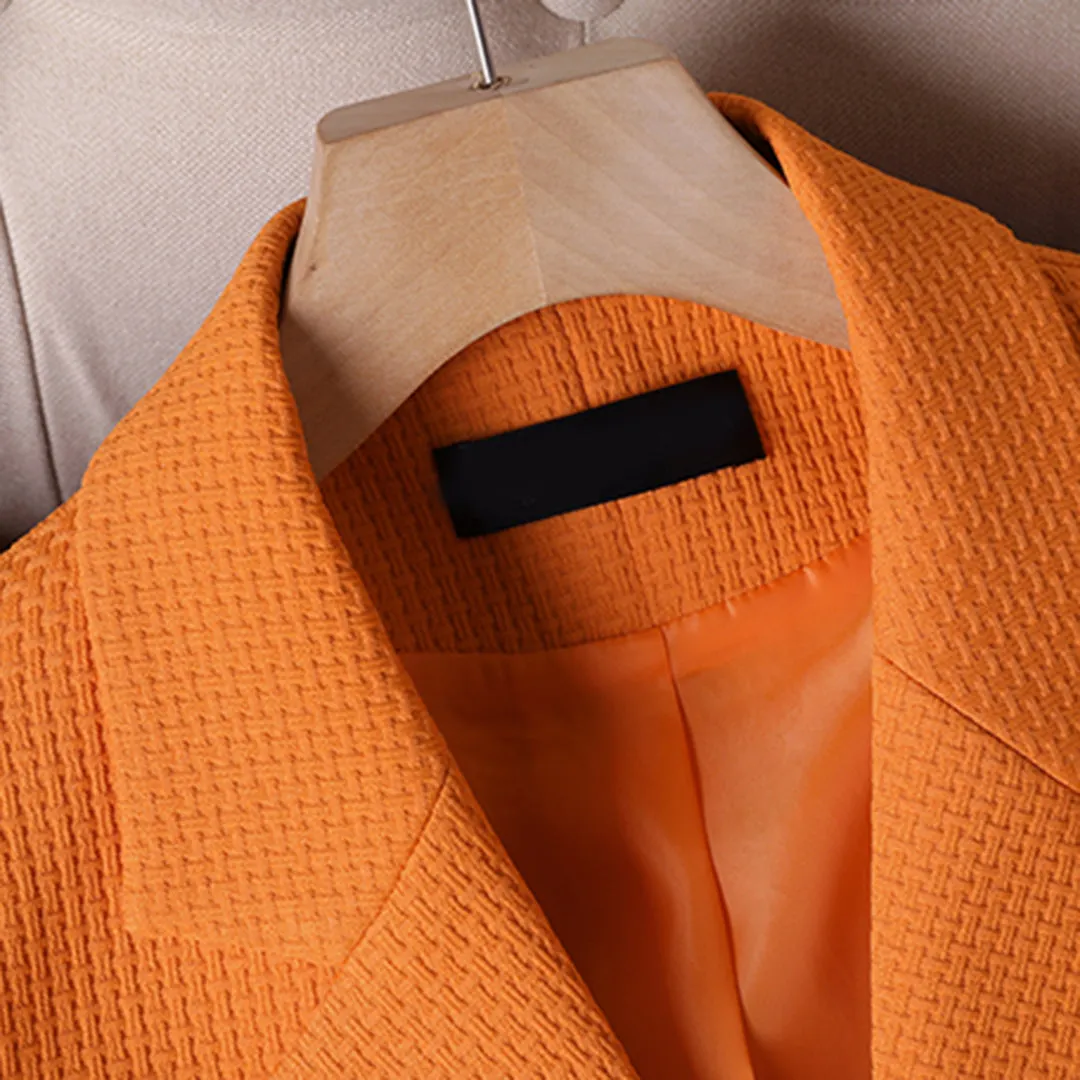 Women's Chic Orange Buttoned Pocket Blazer with Textured Fabric | For Everyday Wear