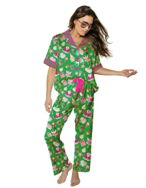 Womens Silky Holiday Baubles - Short Sleeve with Pants Pajama Set