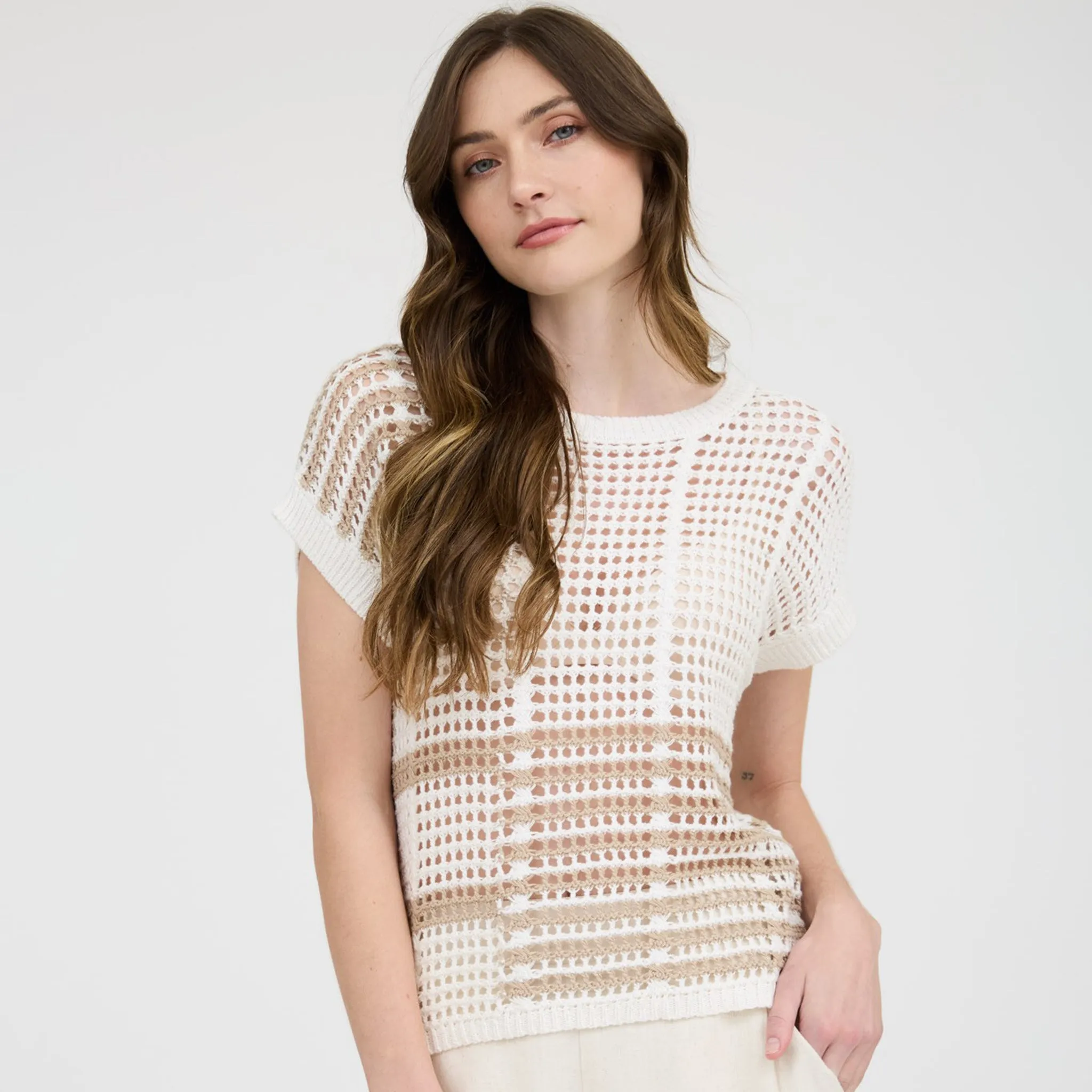 Women's Taupe Stripe Crochet Short Sleeve