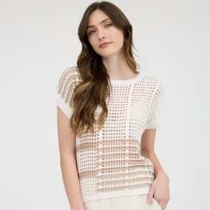 Women's Taupe Stripe Crochet Short Sleeve