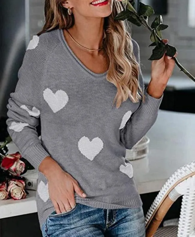 Women's Wide-Neck Cozy Pullover Heart Print Sweater
