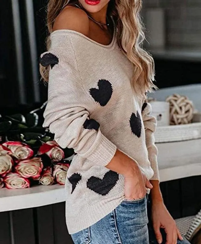 Women's Wide-Neck Cozy Pullover Heart Print Sweater