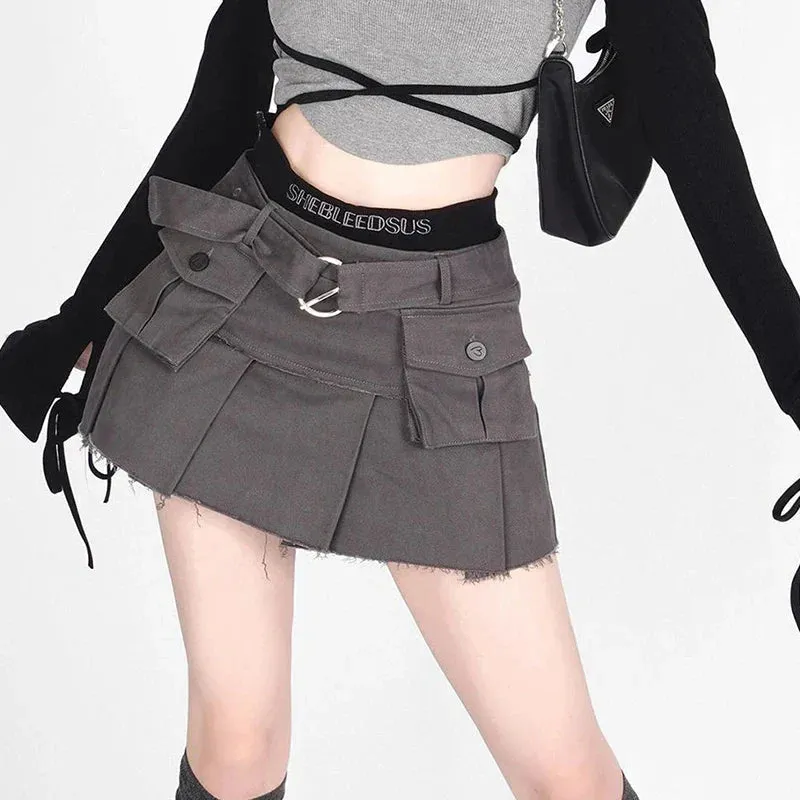 Y2K Denim Cargo Skirts Tassel Women Streetwear Patchwork Pleated Mini Skirt Harajuku High Waist Multi Pocket Jeans A Line Skirts