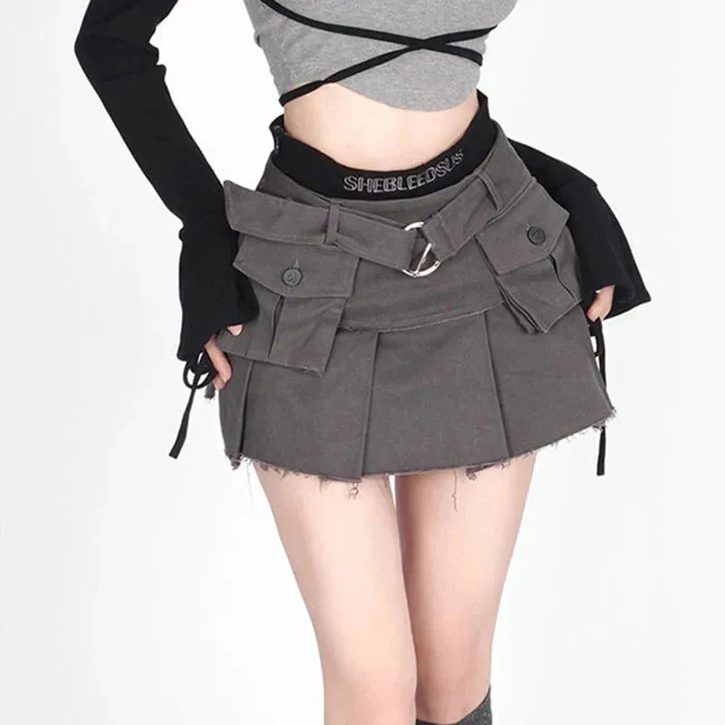 Y2K Denim Cargo Skirts Tassel Women Streetwear Patchwork Pleated Mini Skirt Harajuku High Waist Multi Pocket Jeans A Line Skirts