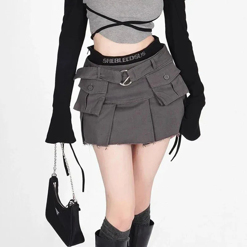 Y2K Denim Cargo Skirts Tassel Women Streetwear Patchwork Pleated Mini Skirt Harajuku High Waist Multi Pocket Jeans A Line Skirts