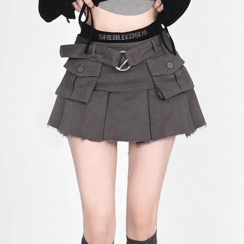Y2K Denim Cargo Skirts Tassel Women Streetwear Patchwork Pleated Mini Skirt Harajuku High Waist Multi Pocket Jeans A Line Skirts