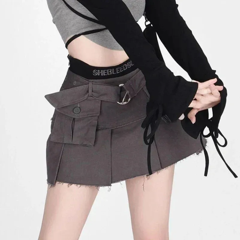 Y2K Denim Cargo Skirts Tassel Women Streetwear Patchwork Pleated Mini Skirt Harajuku High Waist Multi Pocket Jeans A Line Skirts