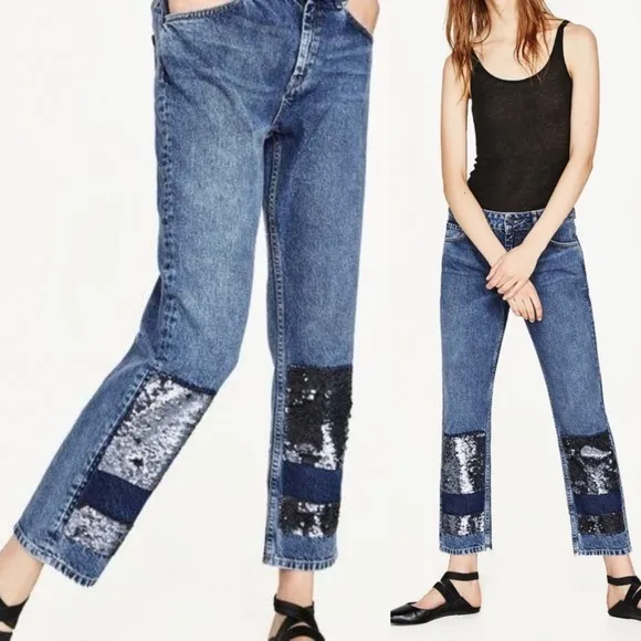 Zara Mid Rise Sequin Patch Boyfriend Jeans Cropped Patchwork Size 4 NEW