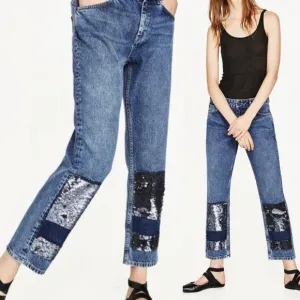 Zara Mid Rise Sequin Patch Boyfriend Jeans Cropped Patchwork Size 4 NEW