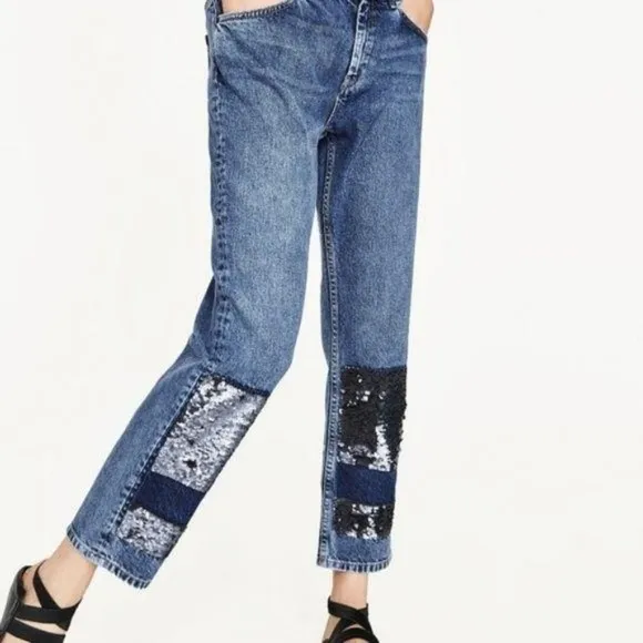 Zara Mid Rise Sequin Patch Boyfriend Jeans Cropped Patchwork Size 4 NEW