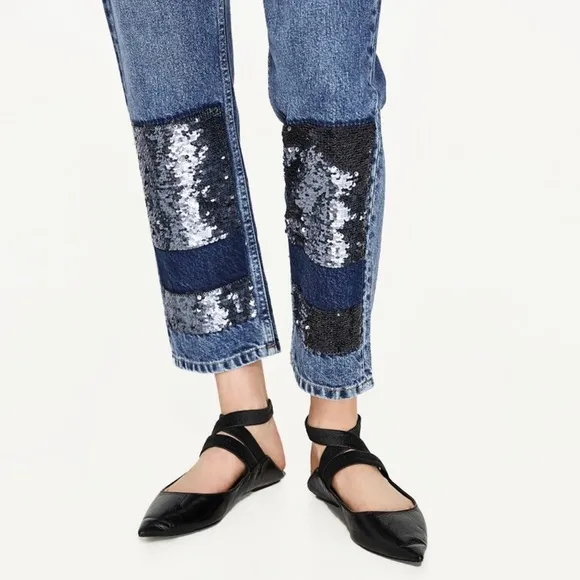 Zara Mid Rise Sequin Patch Boyfriend Jeans Cropped Patchwork Size 4 NEW