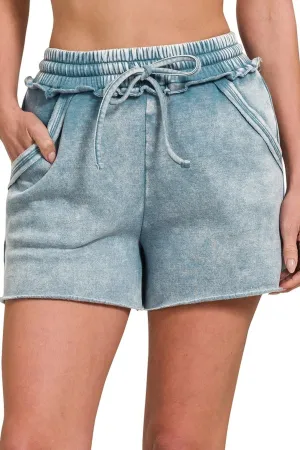 Zenana Acid Wash Fleece Drawstring Shorts With Pockets