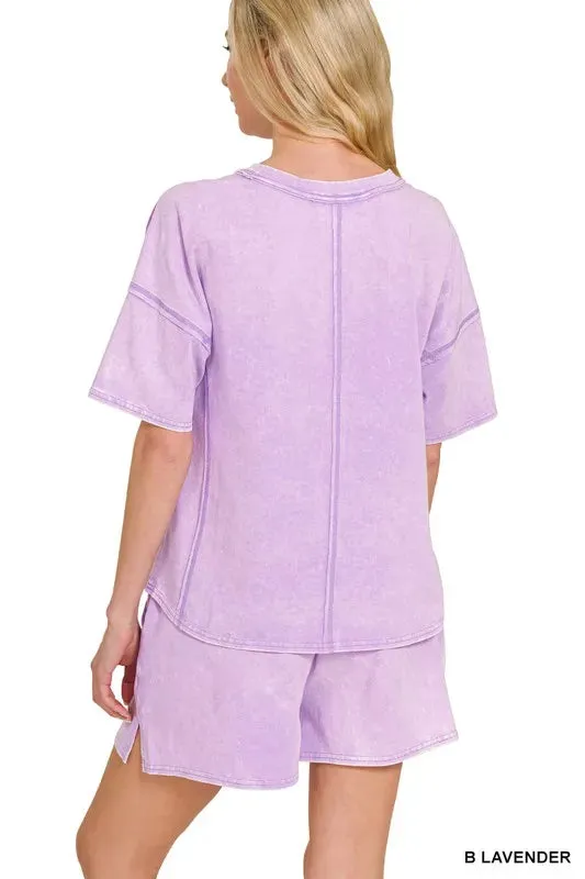 Zenana Acid Washed Short Sleeve Tee & Shorts Set