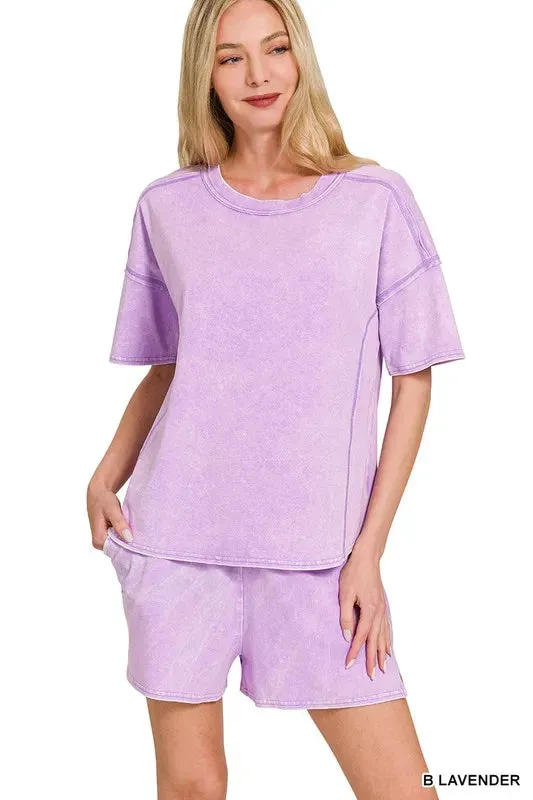 Zenana Acid Washed Short Sleeve Tee & Shorts Set