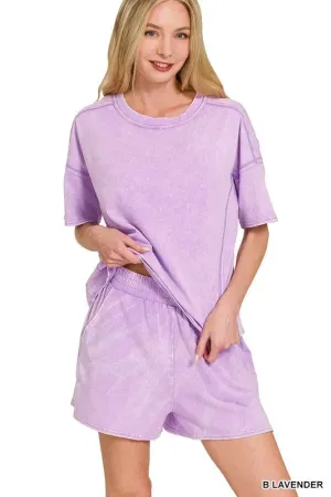 Zenana Acid Washed Short Sleeve Tee & Shorts Set